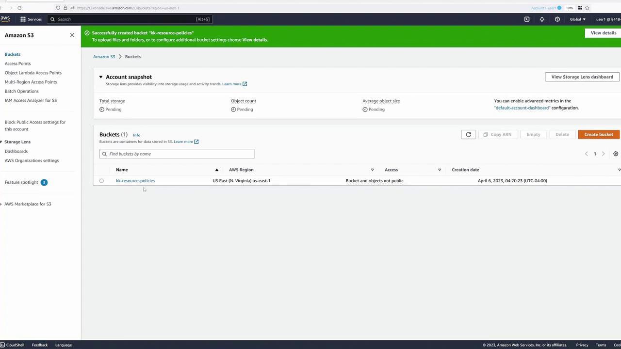 The image shows an Amazon S3 console with a notification of a successfully created bucket named "kk-resource-policies" in the US East (N. Virginia) region. The bucket and objects are not public.