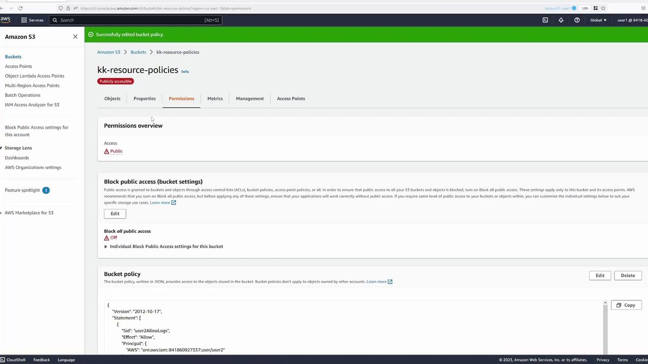 The image shows an Amazon S3 console screen displaying the permissions settings for a bucket named "kk-resource-policies," which is publicly accessible. The "Block all public access" setting is turned off, and a bucket policy is visible.