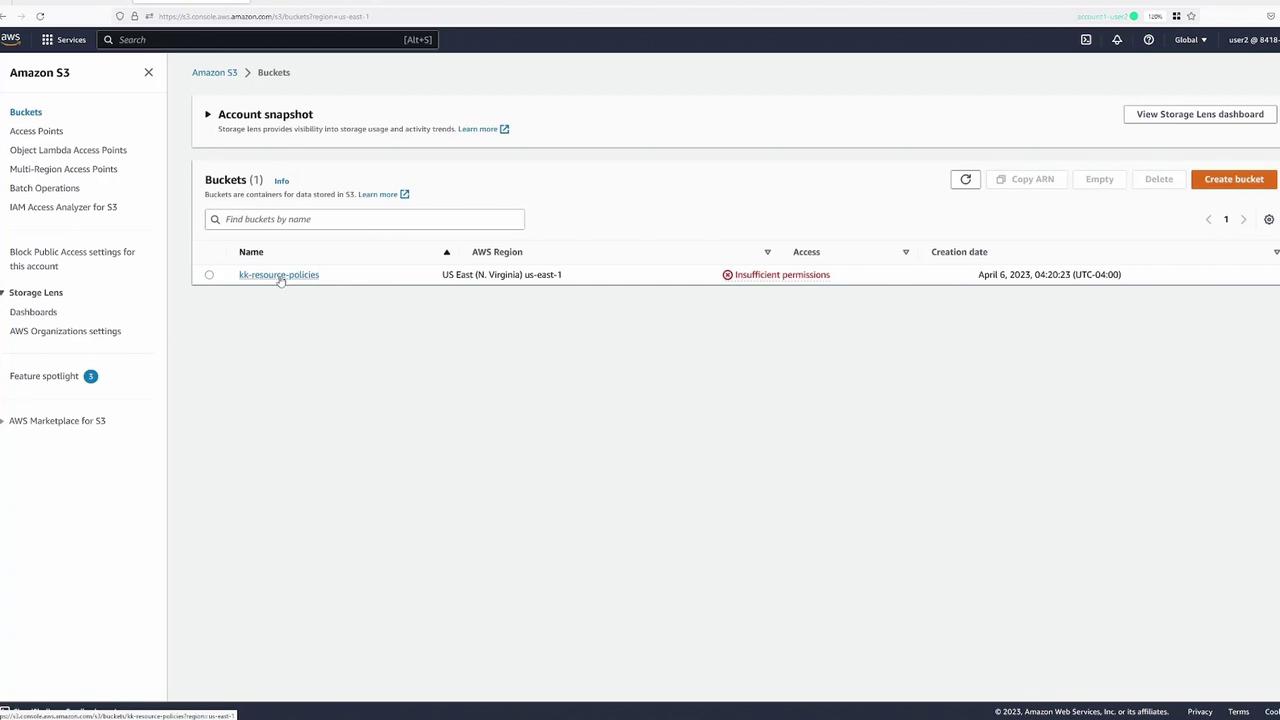 The image shows an Amazon S3 console with a list of buckets. One bucket named "kk-resource-policies" is displayed with "Insufficient permissions" noted under the access column.