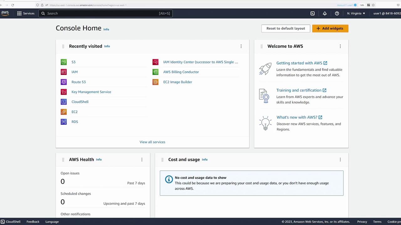 The image shows the AWS Management Console home page, featuring sections for recently visited services, AWS Health, cost and usage, and a welcome section with links to getting started, training, and new features.