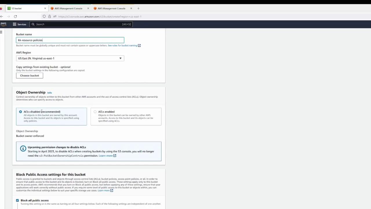 The image shows the AWS Management Console interface for creating an S3 bucket, with options for setting the bucket name, region, object ownership, and public access settings.