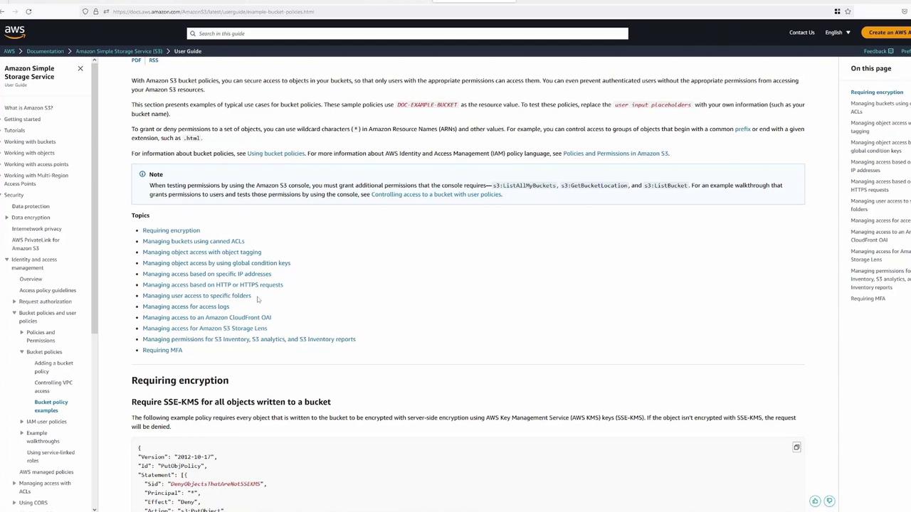 The image shows a webpage from the AWS documentation about Amazon S3 bucket policies, detailing how to secure access to objects in buckets and providing examples of typical use cases. It includes a section on requiring encryption for objects written to a bucket.