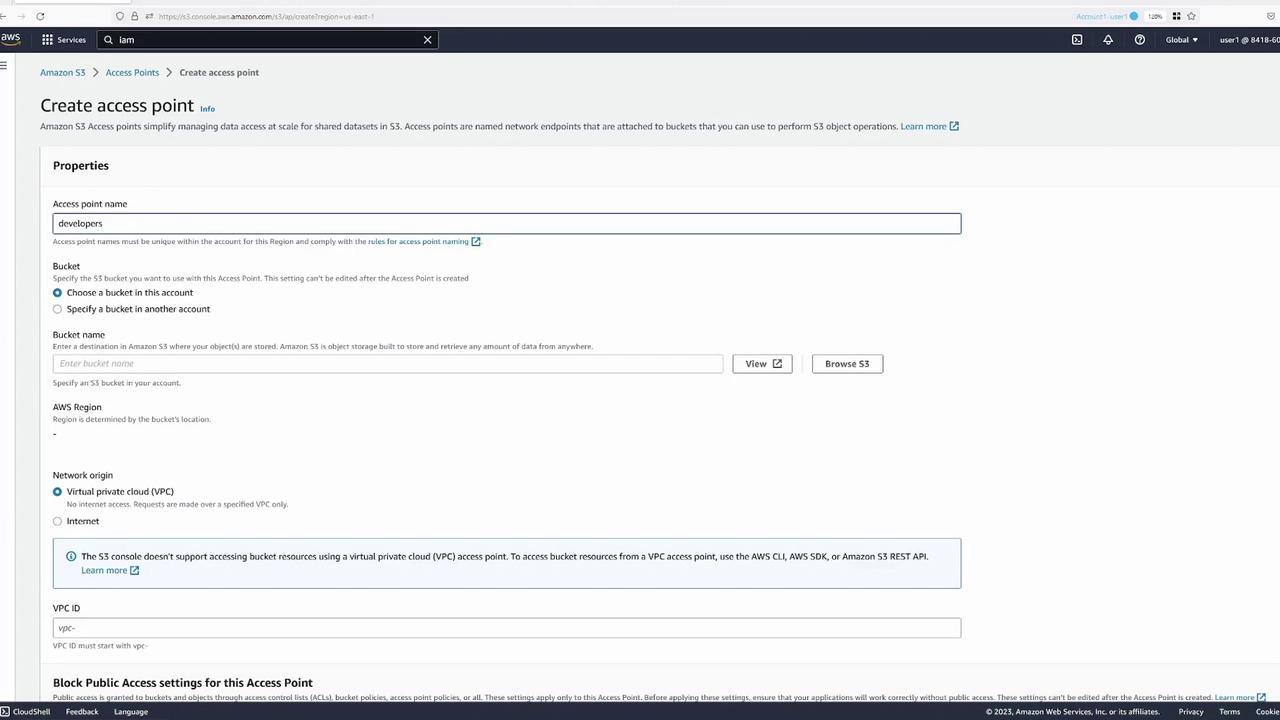 The image shows an Amazon S3 console interface for creating an access point, with fields for access point name, bucket selection, AWS region, and network origin settings.