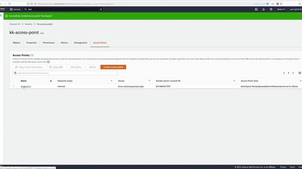 The image shows an Amazon S3 console page displaying access points for a bucket named "kk-access-point," with one access point named "developers" listed.