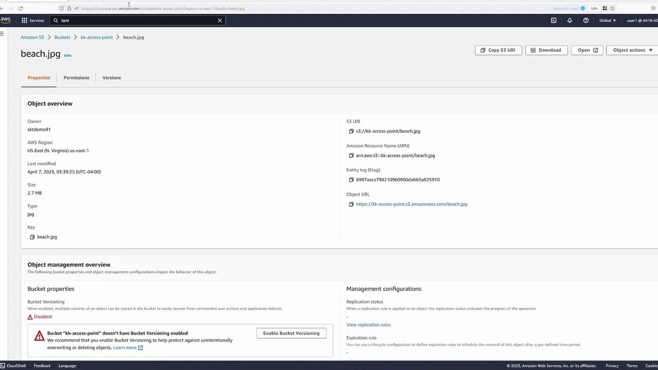The image shows an Amazon S3 console interface displaying details of an object named "beach.jpg," including its size, type, and S3 URL.