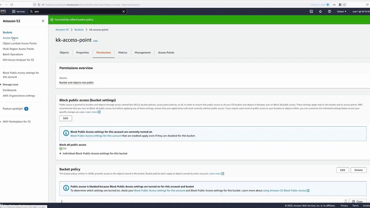 The image shows an Amazon S3 console screen with settings for a bucket named "kk-access-point," focusing on permissions and public access settings. The interface indicates that public access is blocked for the account and bucket.