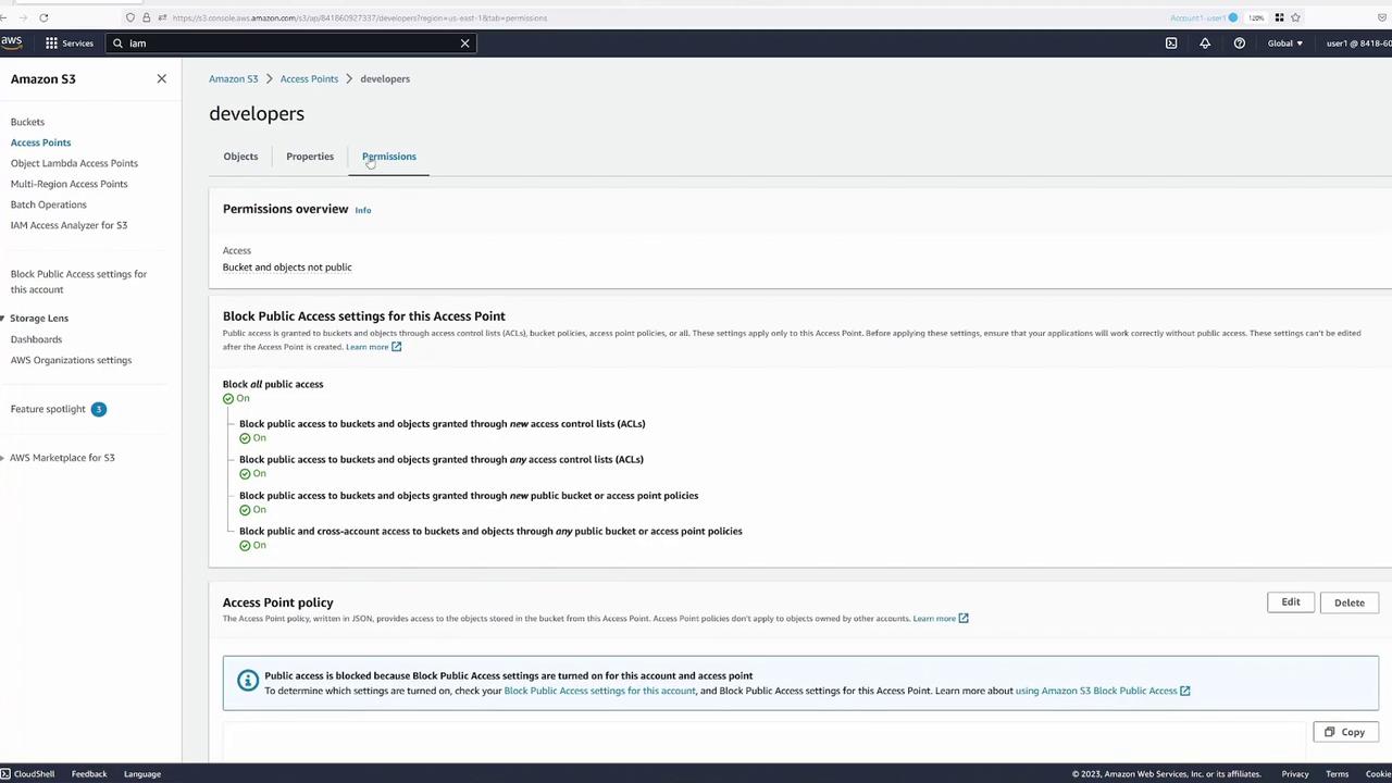 The image shows an Amazon S3 console screen focused on the "Permissions" tab for an access point named "developers." It displays settings for blocking public access, with options to block access through access control lists and public bucket policies.
