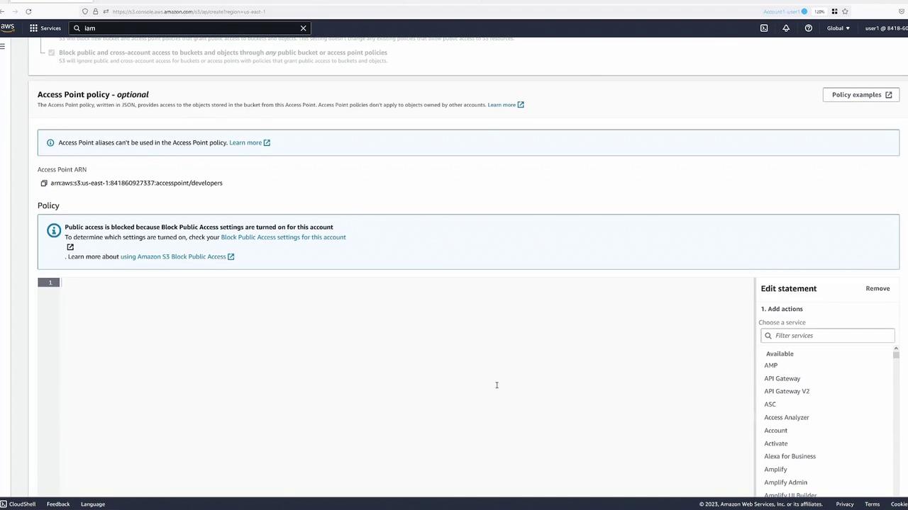 The image shows an Amazon Web Services (AWS) console screen with settings for an S3 Access Point policy. It indicates that public access is blocked due to Block Public Access settings being enabled.