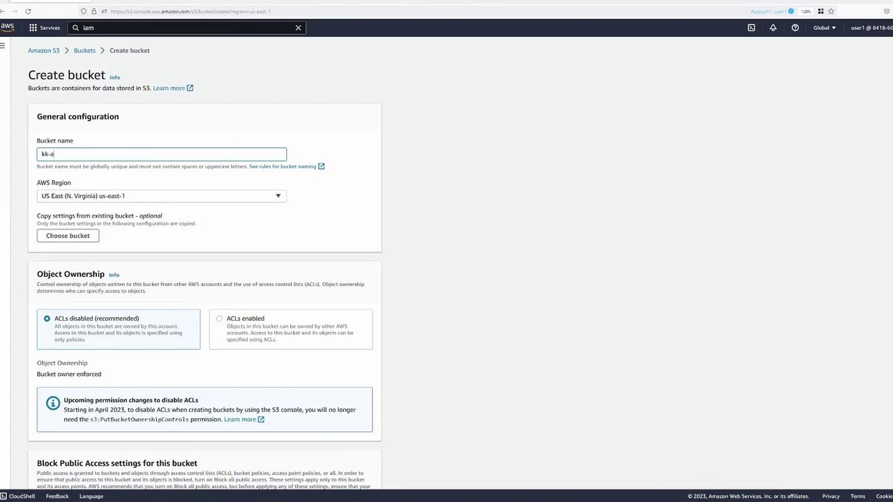 The image shows the AWS S3 console interface for creating a new bucket, with options for configuring the bucket name, region, and object ownership settings.