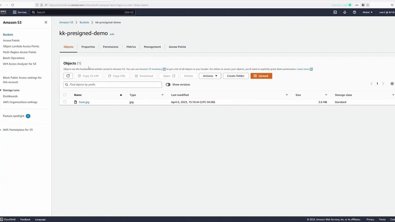 The image shows an Amazon S3 bucket interface with a file named "boat.jpg" listed, including details like type, last modified date, size, and storage class.