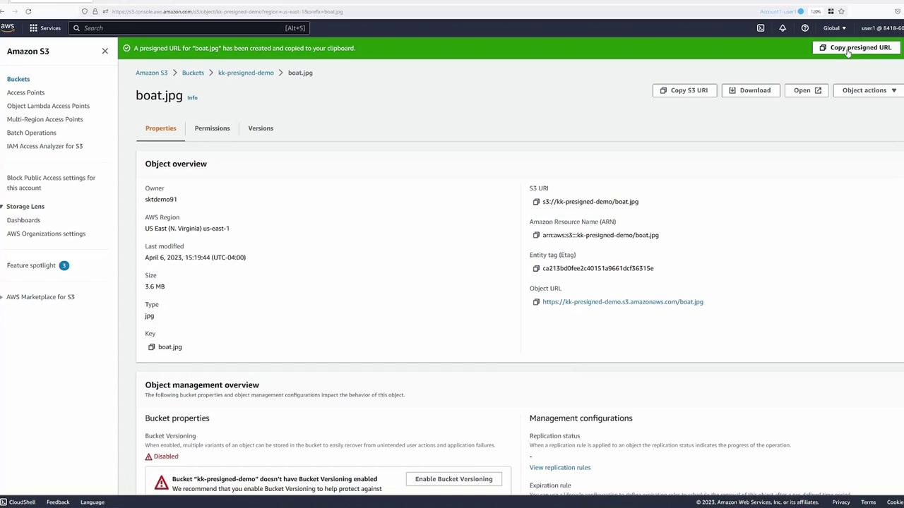 The image shows an Amazon S3 console interface displaying details of an object named "boat.jpg," including its properties, S3 URI, and object URL.