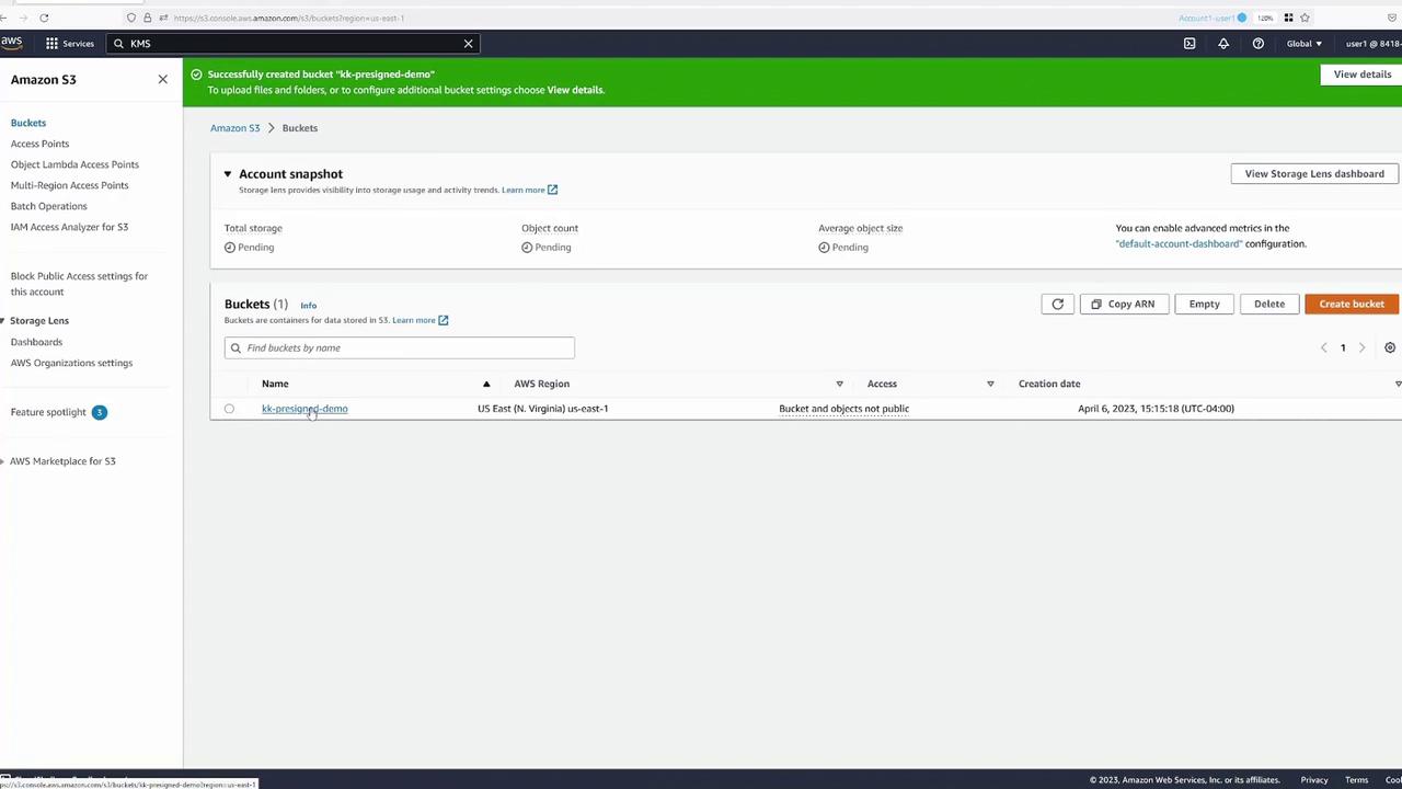 The image shows an Amazon S3 console with a bucket named "kk-presigned-demo" created in the US East (N. Virginia) region. The bucket and objects are not public.