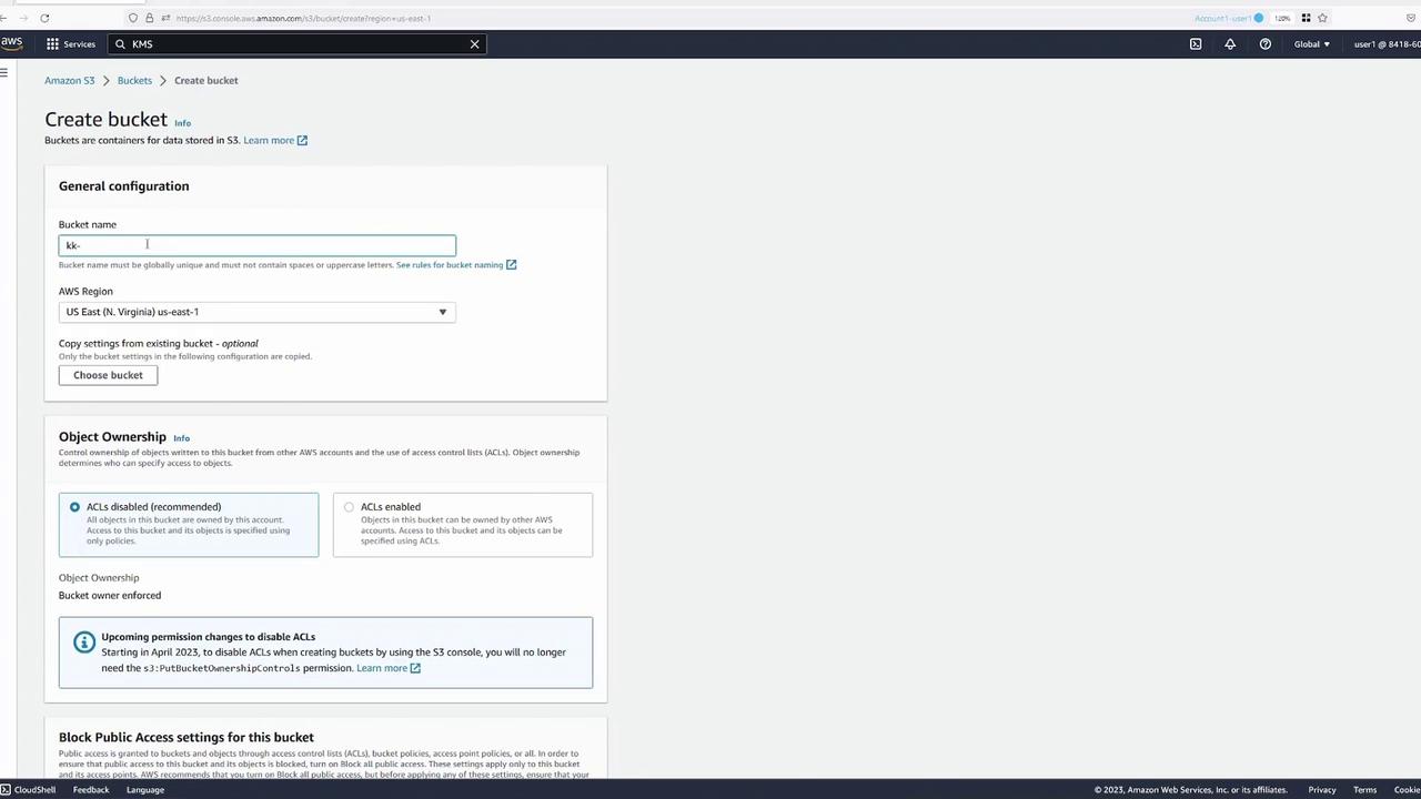 The image shows the AWS S3 console interface for creating a new bucket, with fields for bucket name, AWS region, and object ownership settings.