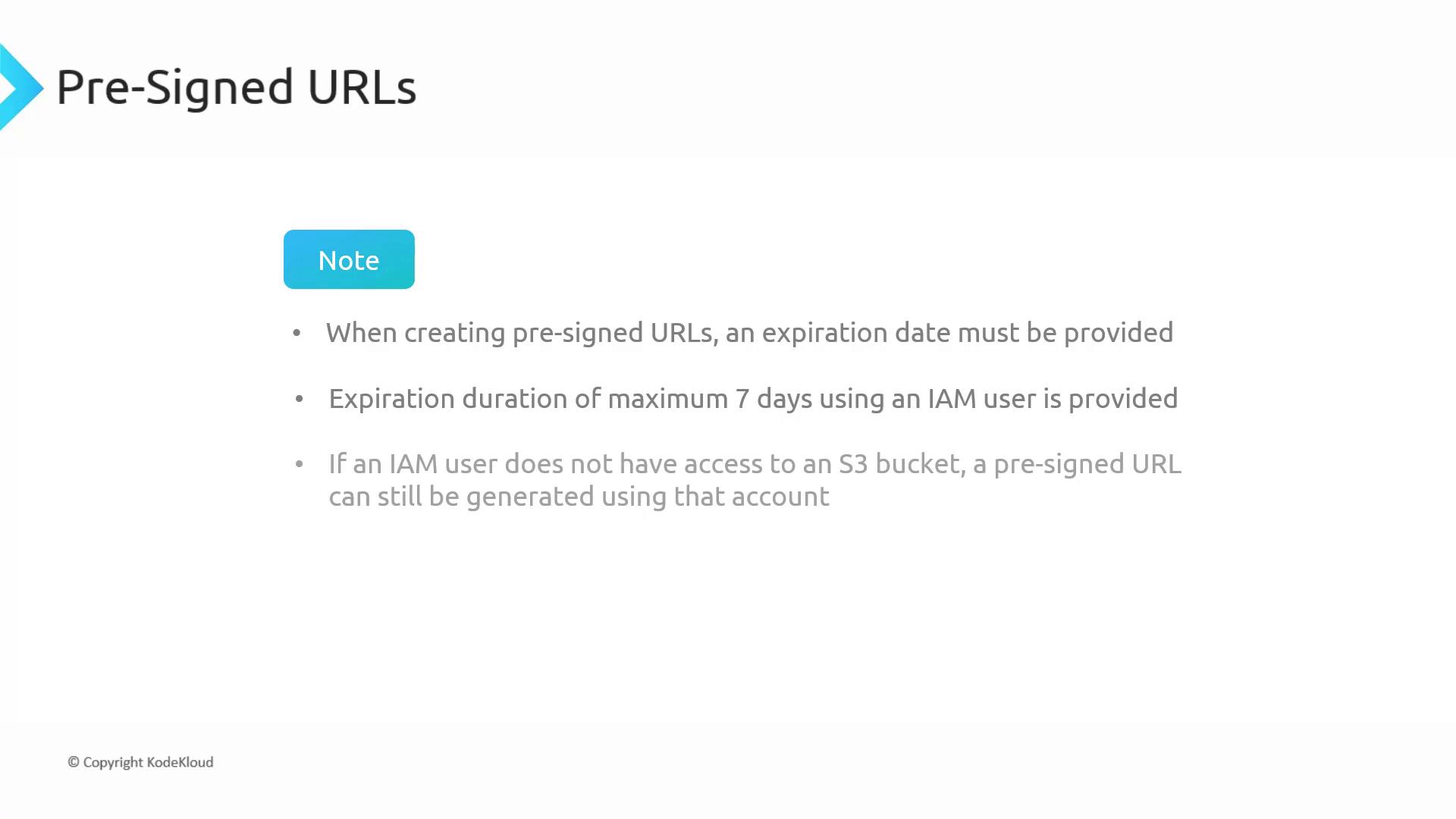 The image provides information about pre-signed URLs, highlighting the need for an expiration date, a maximum duration of 7 days, and the ability to generate URLs without S3 bucket access.