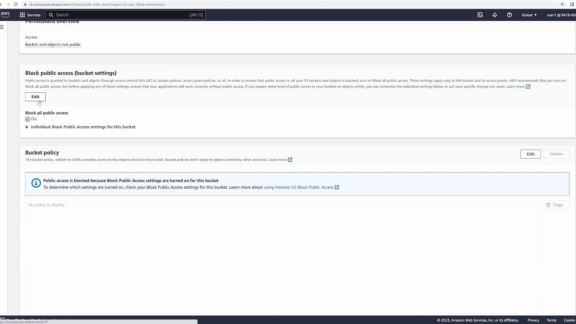 The image shows an Amazon S3 console screen with settings for blocking public access to a bucket. The "Block all public access" option is turned on, and there is a note indicating that public access is blocked.