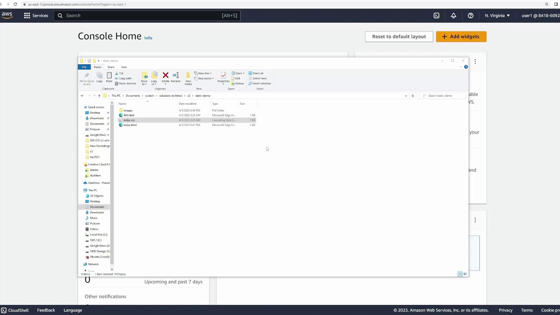 The image shows an AWS Console Home page with a Windows File Explorer window open, displaying a folder named "static-demo" containing files like "404.html," "index.css," and "index.html."