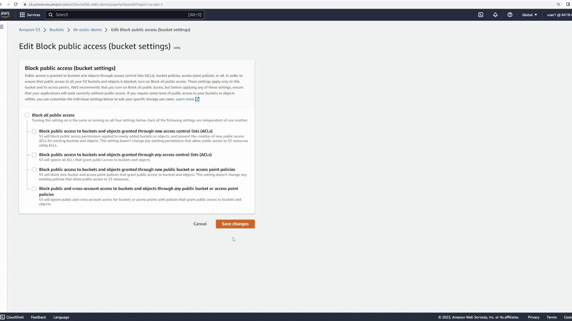 The image shows an AWS S3 settings page for editing block public access options for a bucket, with checkboxes for various access control settings.