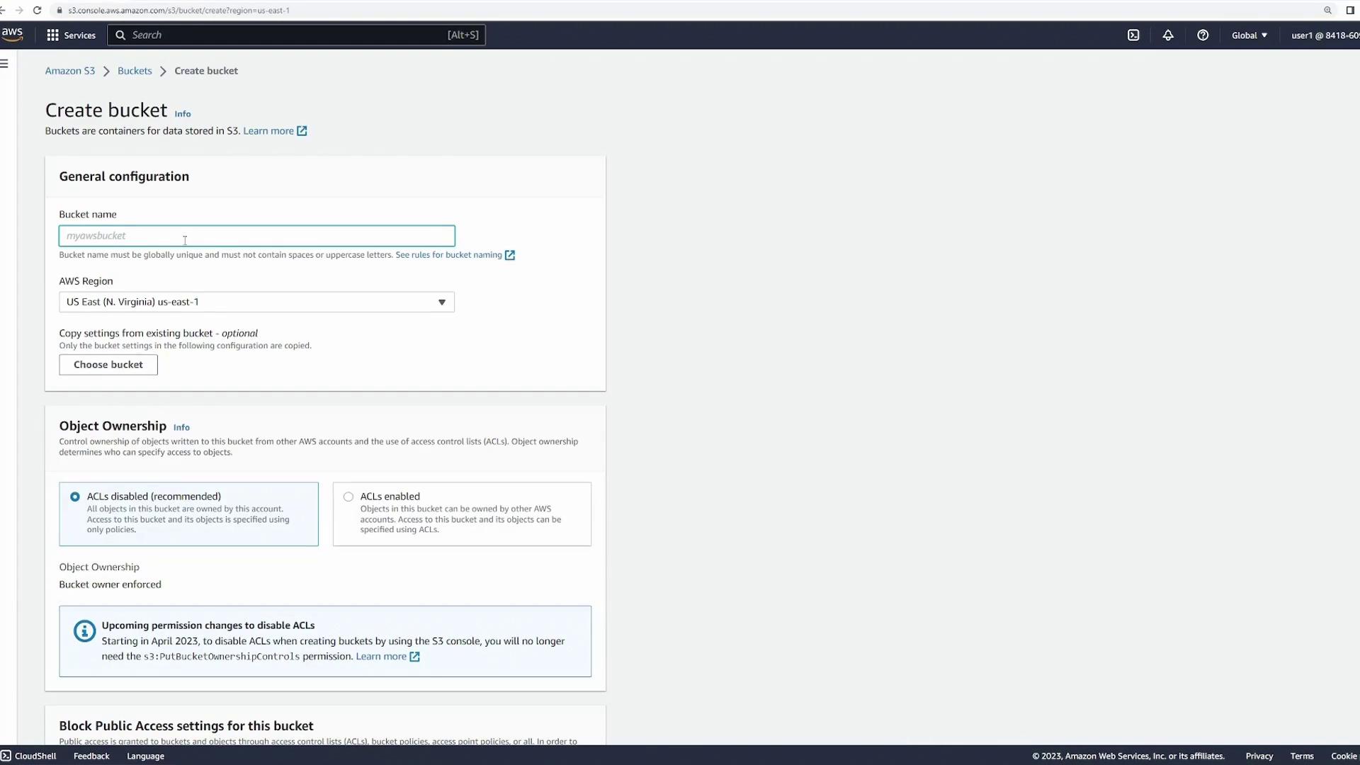 The image shows the AWS S3 console interface for creating a new bucket, with fields for bucket name, AWS region, and object ownership settings.