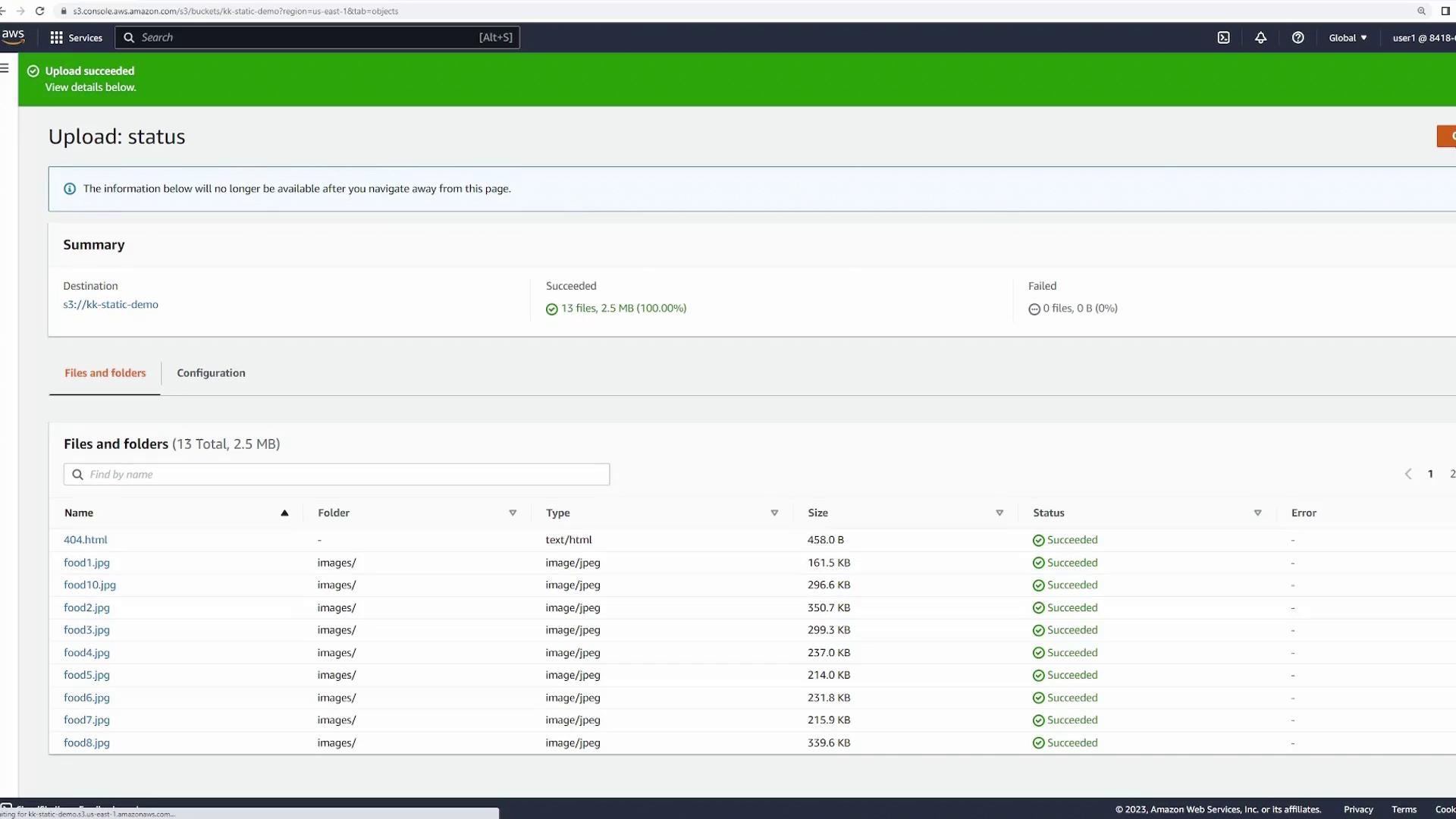 The image shows an AWS S3 console screen with a successful upload status for 13 files totaling 2.5 MB. The files include images and an HTML file, all marked as succeeded.