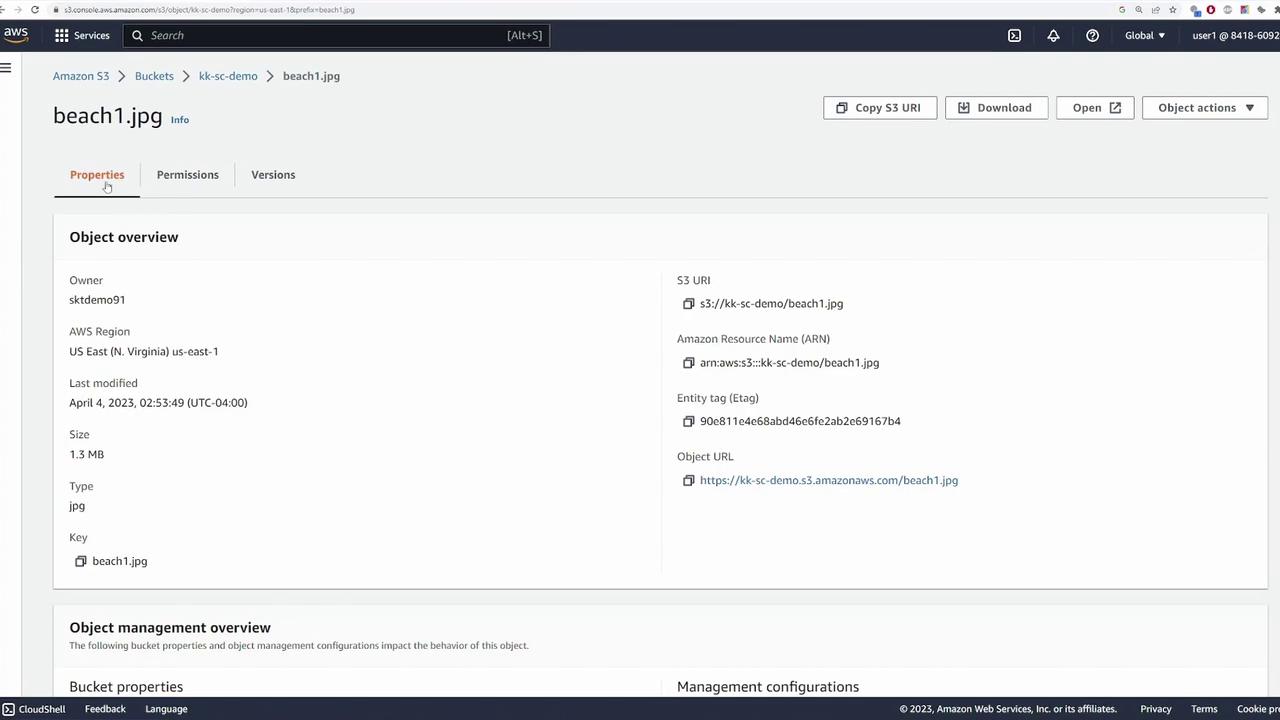 The image shows an Amazon S3 console interface displaying details of an object named "beach1.jpg," including its properties, permissions, and versions. It provides information such as the S3 URI, ARN, last modified date, size, and object URL.