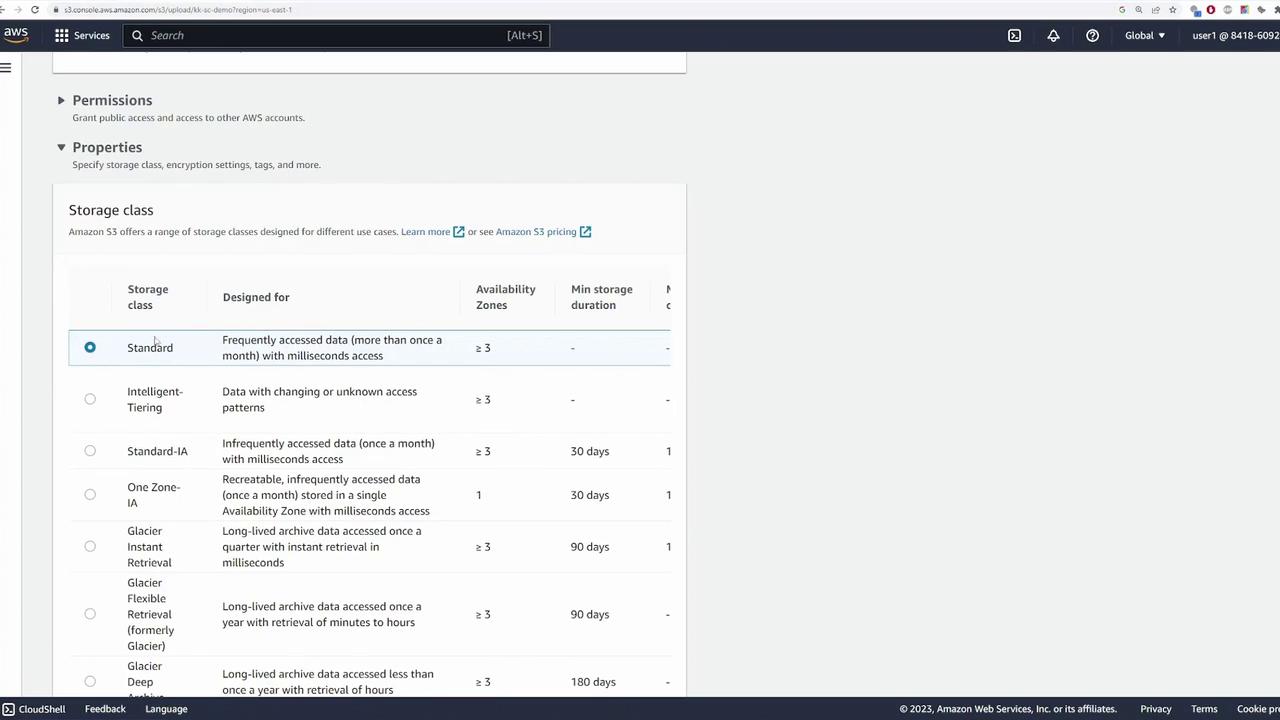 The image shows an Amazon S3 console screen displaying different storage class options, including Standard, Intelligent-Tiering, and Glacier, with details on their designed use, availability zones, and minimum storage duration.