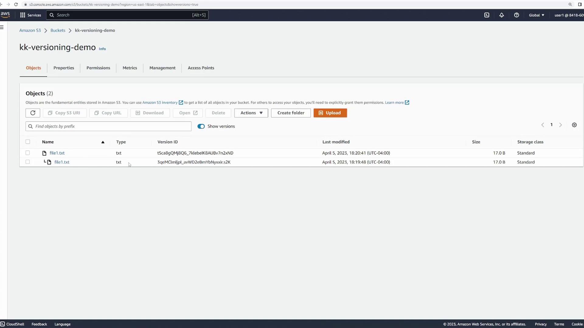 The image shows an Amazon S3 bucket interface with two versions of a file named "file1.txt" listed, displaying details like version ID, last modified date, size, and storage class.