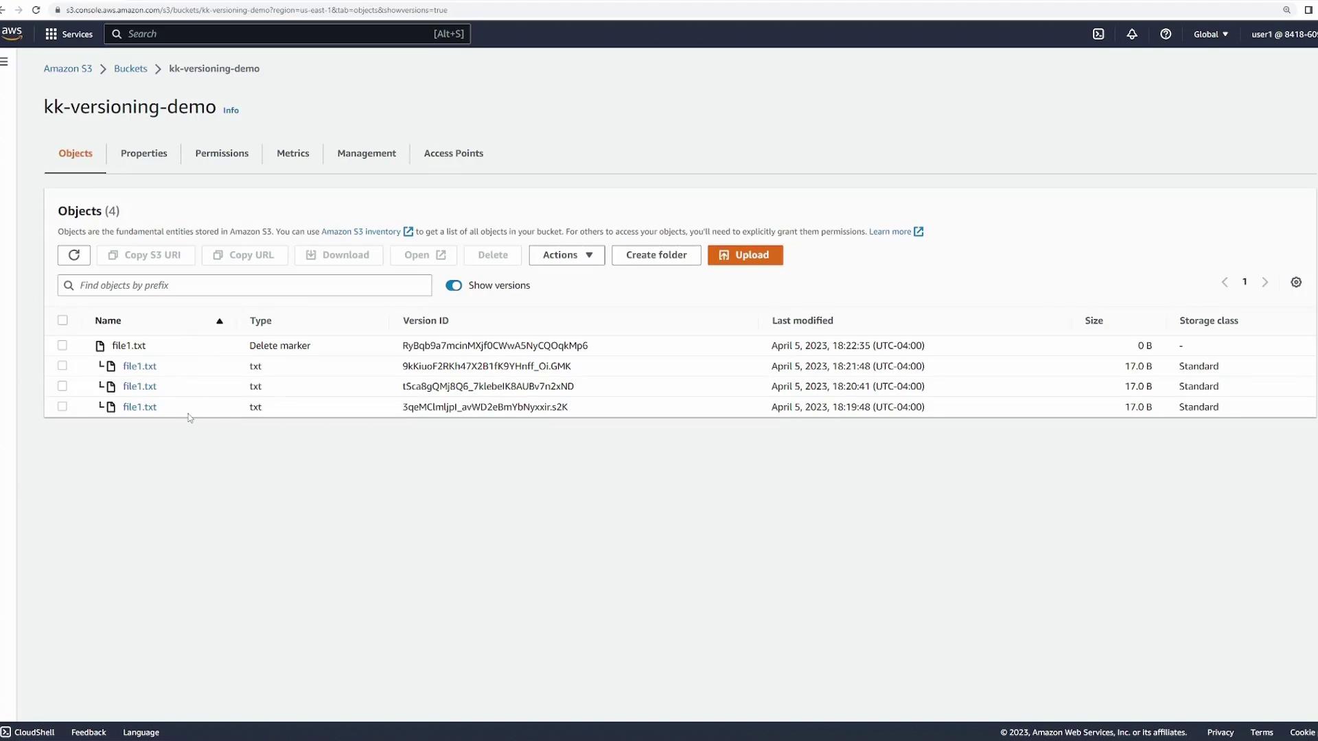 The image shows an Amazon S3 bucket interface with a list of objects, including multiple versions of "file1.txt" with details like version ID, last modified date, size, and storage class.