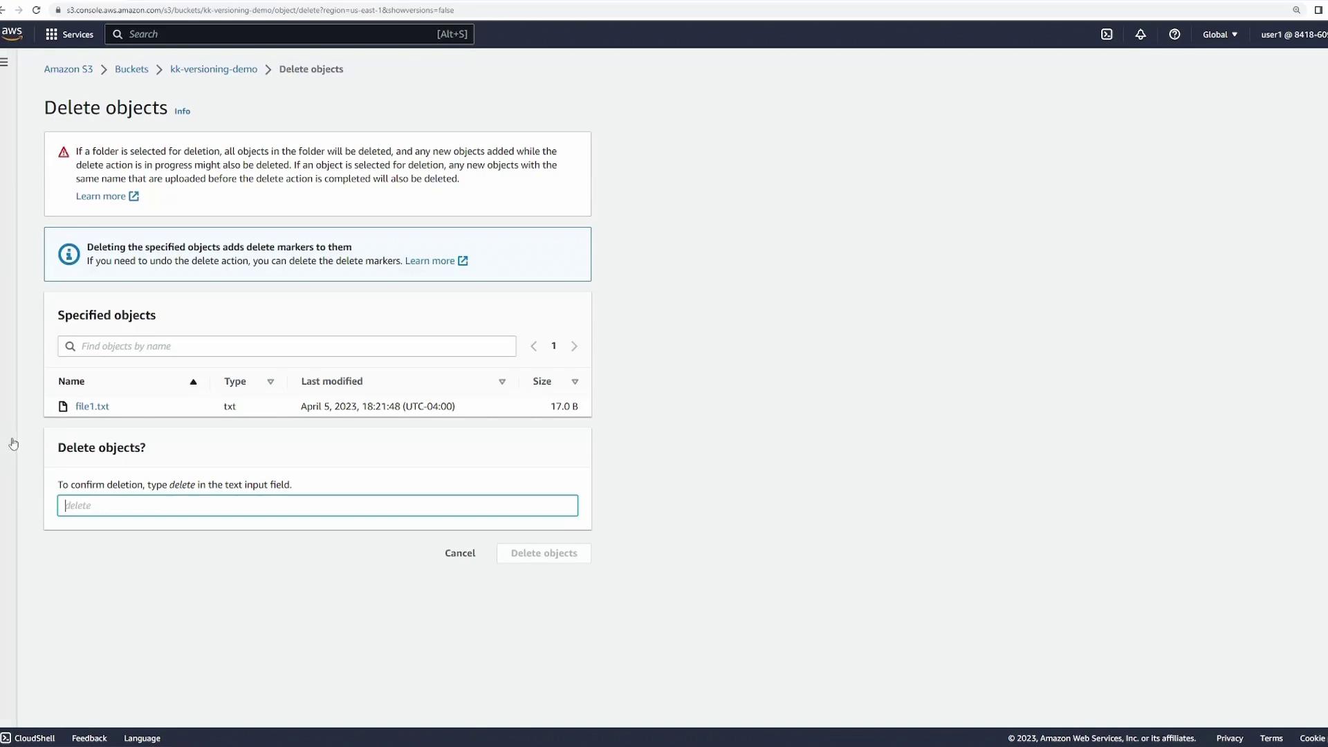 The image shows an Amazon S3 interface for deleting objects, specifically a file named "file1.txt" with a prompt to confirm deletion by typing "delete."