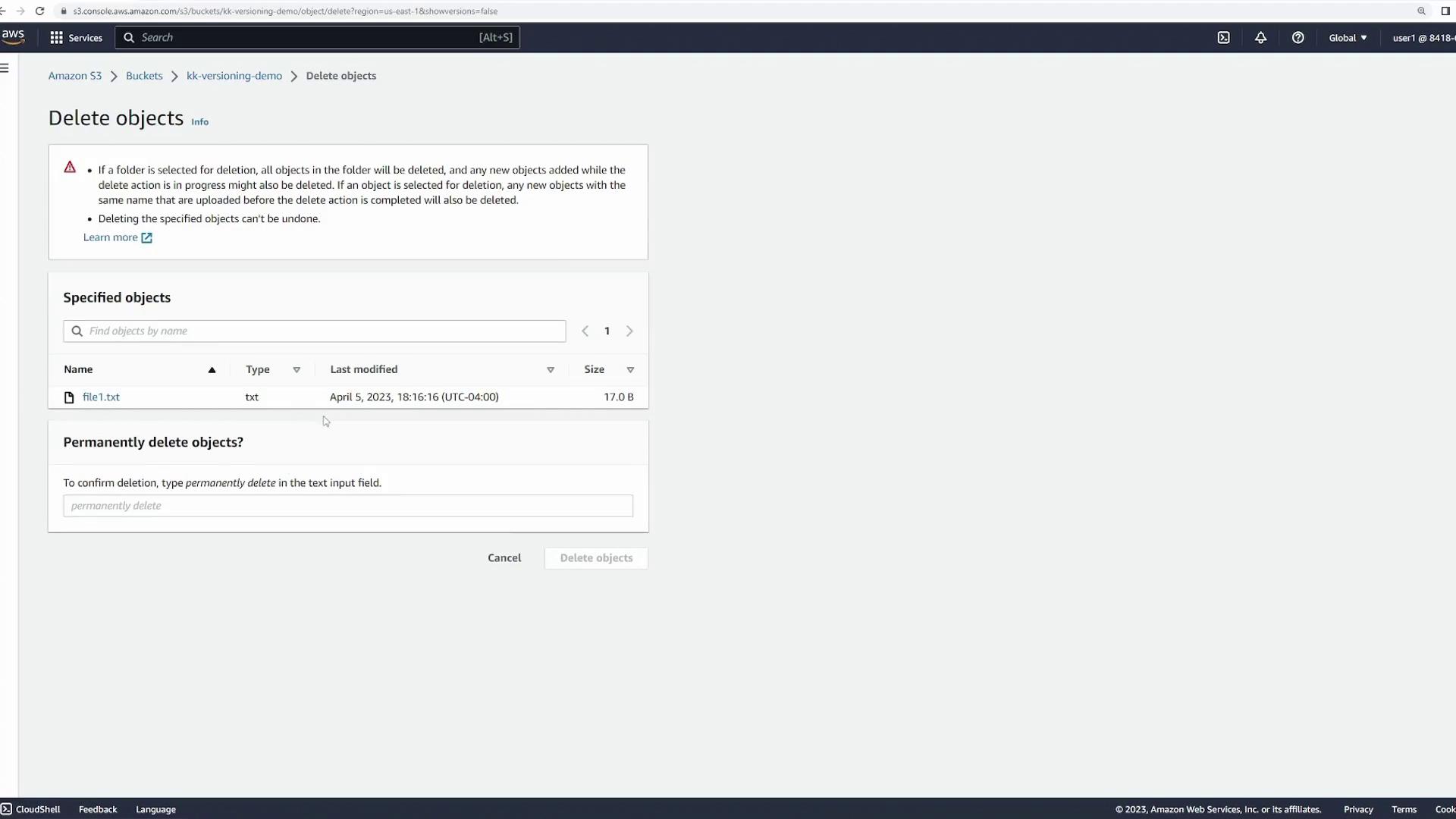 The image shows an Amazon S3 interface for deleting objects, specifically a file named "file1.txt" with details like type, last modified date, and size. There's a prompt to confirm permanent deletion by typing "permanently delete."