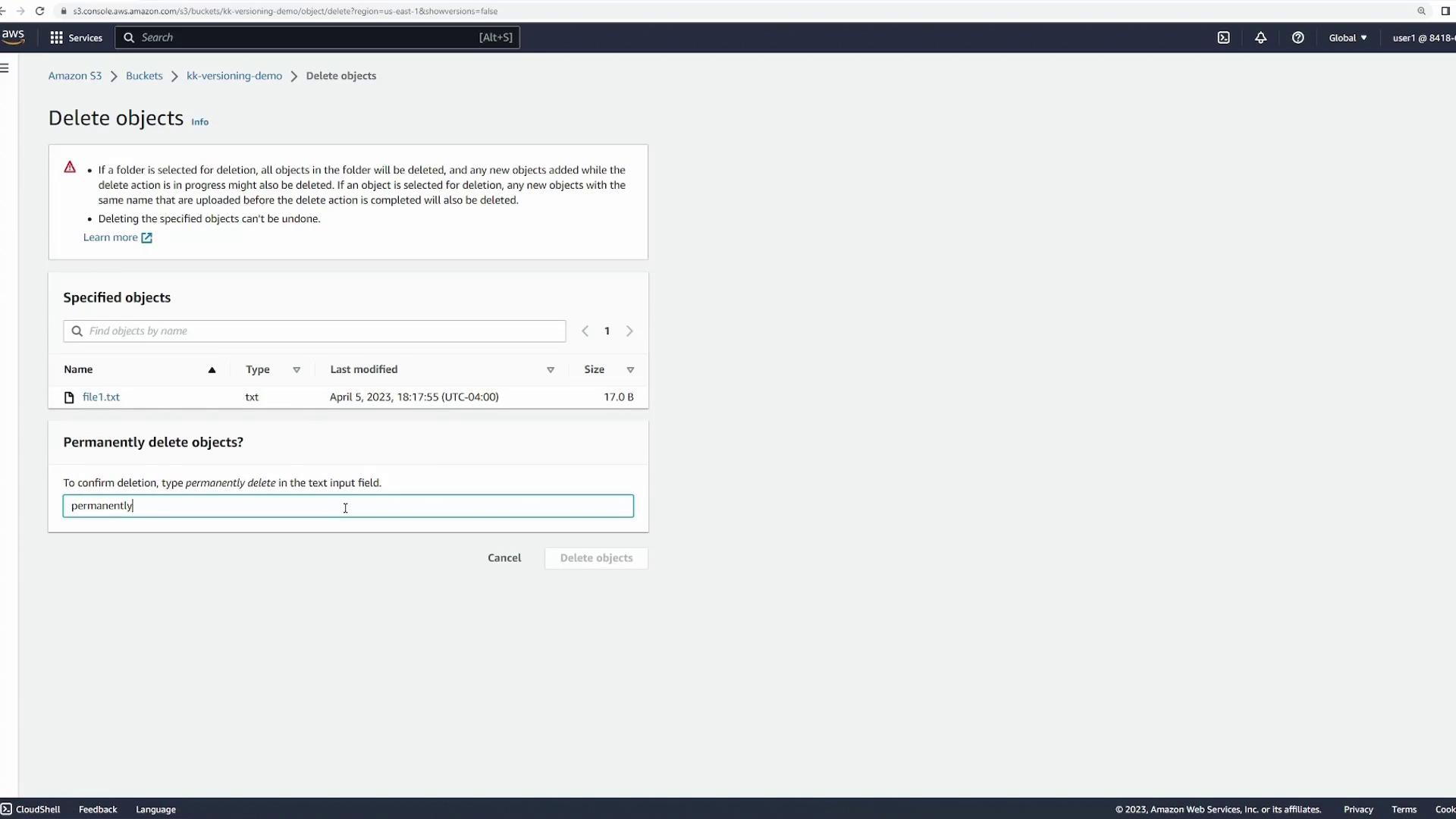 The image shows an Amazon S3 interface for deleting objects, with a file named "file1.txt" selected for permanent deletion. The user is typing "permanently" to confirm the deletion.