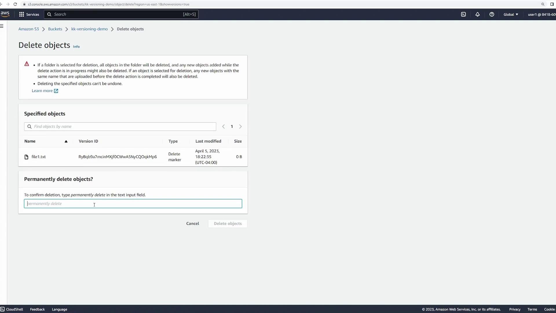 The image shows an Amazon S3 interface for deleting objects, specifically a file named "file1.txt" with a prompt to confirm permanent deletion.