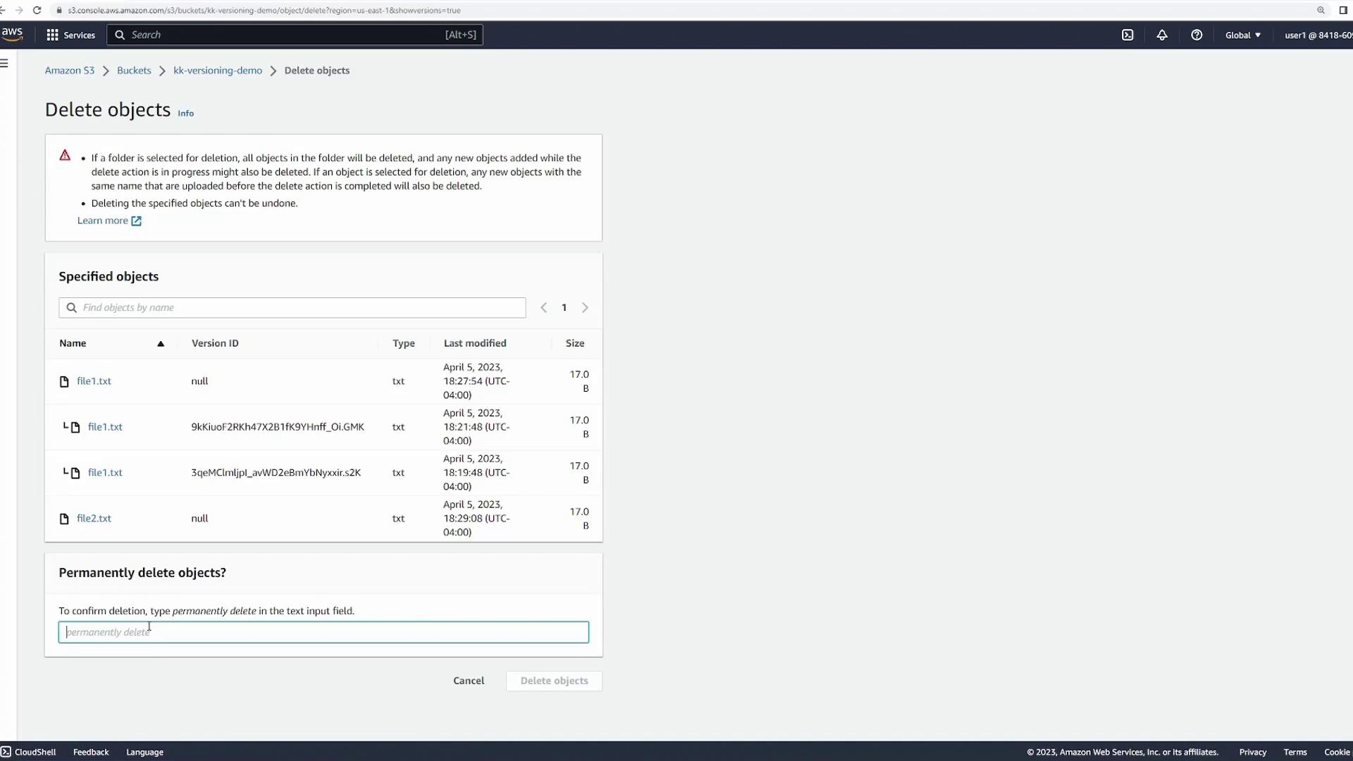 The image shows an Amazon S3 interface for deleting objects, listing several text files with details like version ID, type, last modified date, and size. There's a prompt to confirm permanent deletion by typing "permanently delete."