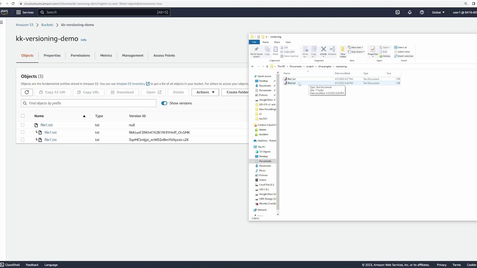 The image shows an Amazon S3 console with a bucket named "kk-versioning-demo" displaying versioned text files, alongside a Windows File Explorer window showing local text files.