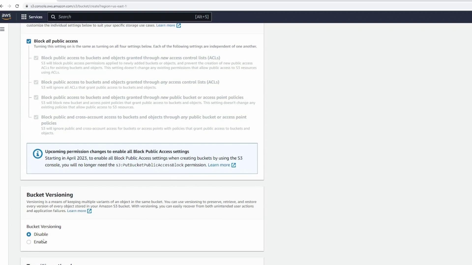 The image shows an AWS S3 console screen with options for blocking public access and bucket versioning settings. It includes a notification about upcoming permission changes for enabling block public access settings.
