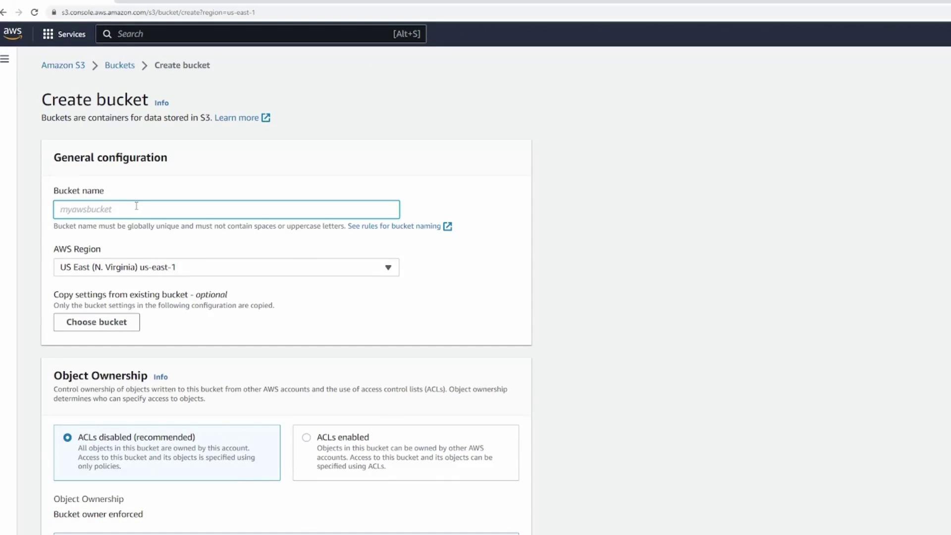 The image shows the AWS S3 interface for creating a new bucket, with fields for bucket name, AWS region, and object ownership settings.