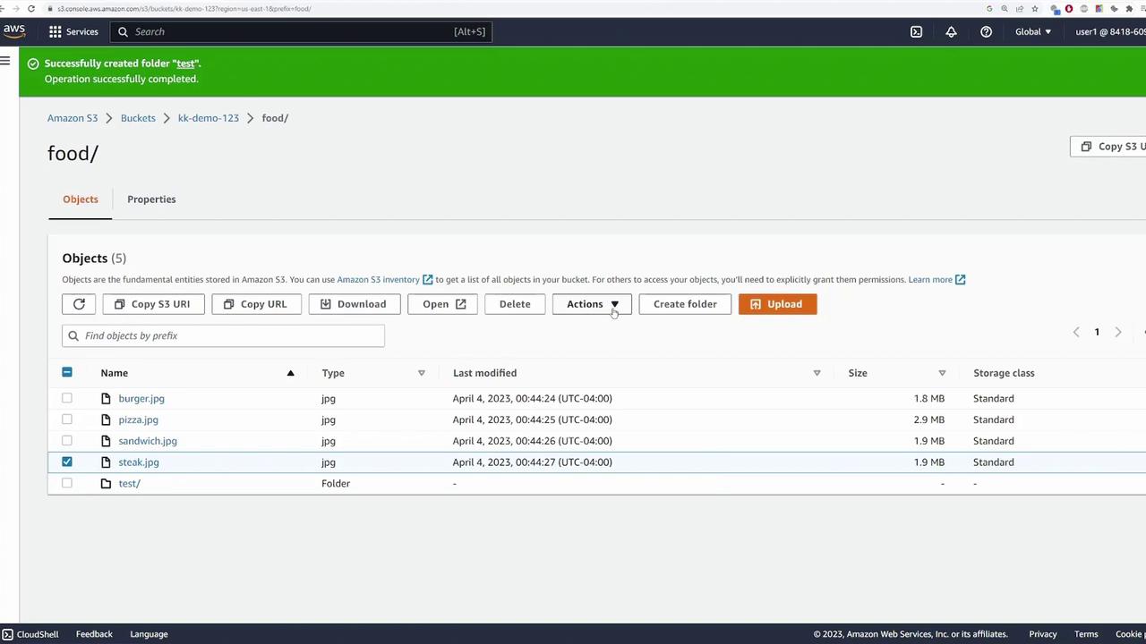 The image shows an Amazon S3 bucket interface with a list of files, including images named "burger.jpg," "pizza.jpg," "sandwich.jpg," and "steak.jpg," along with their details like size and last modified date.