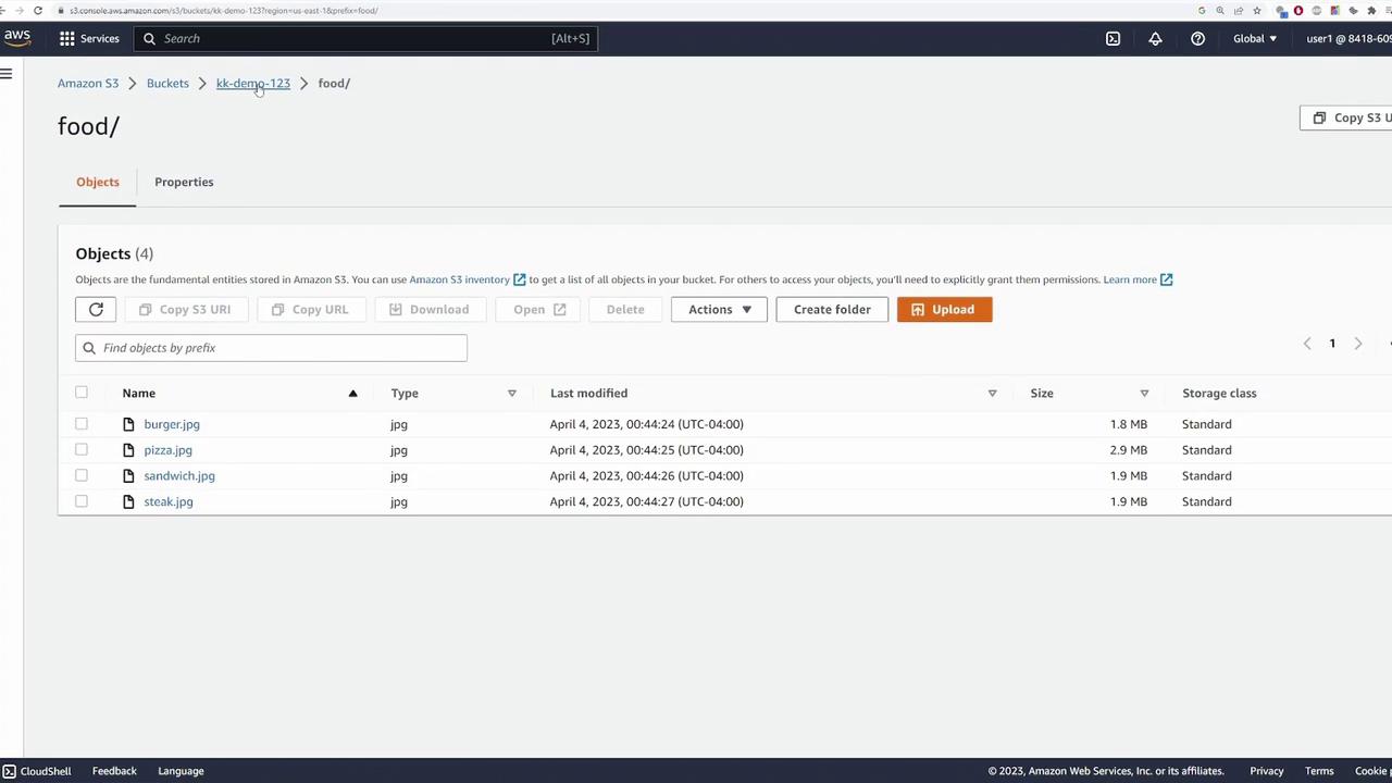 The image shows an Amazon S3 bucket interface with a folder named "food" containing four image files: burger.jpg, pizza.jpg, sandwich.jpg, and steak.jpg. Each file is listed with its type, last modified date, size, and storage class.