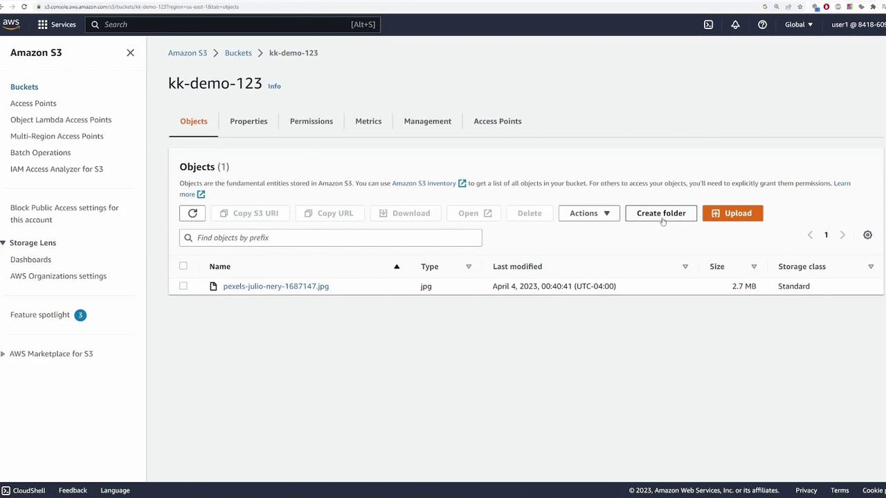 The image shows an Amazon S3 bucket interface with a file named "pexels-julio-nery-1687147.jpg" listed, along with options to create a folder and upload files.