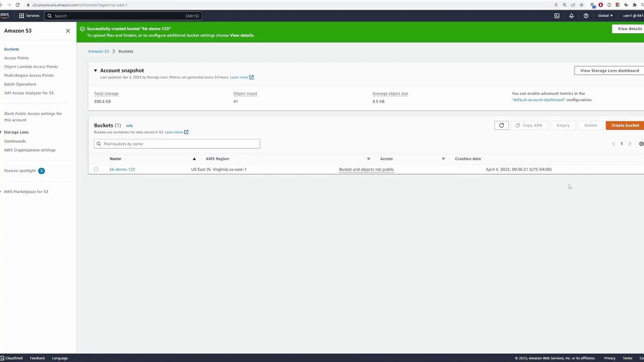 The image shows an Amazon S3 console with details of a bucket named "kk-demo-123" in the US East (N. Virginia) region. It includes an account snapshot with storage metrics and options to manage the bucket.