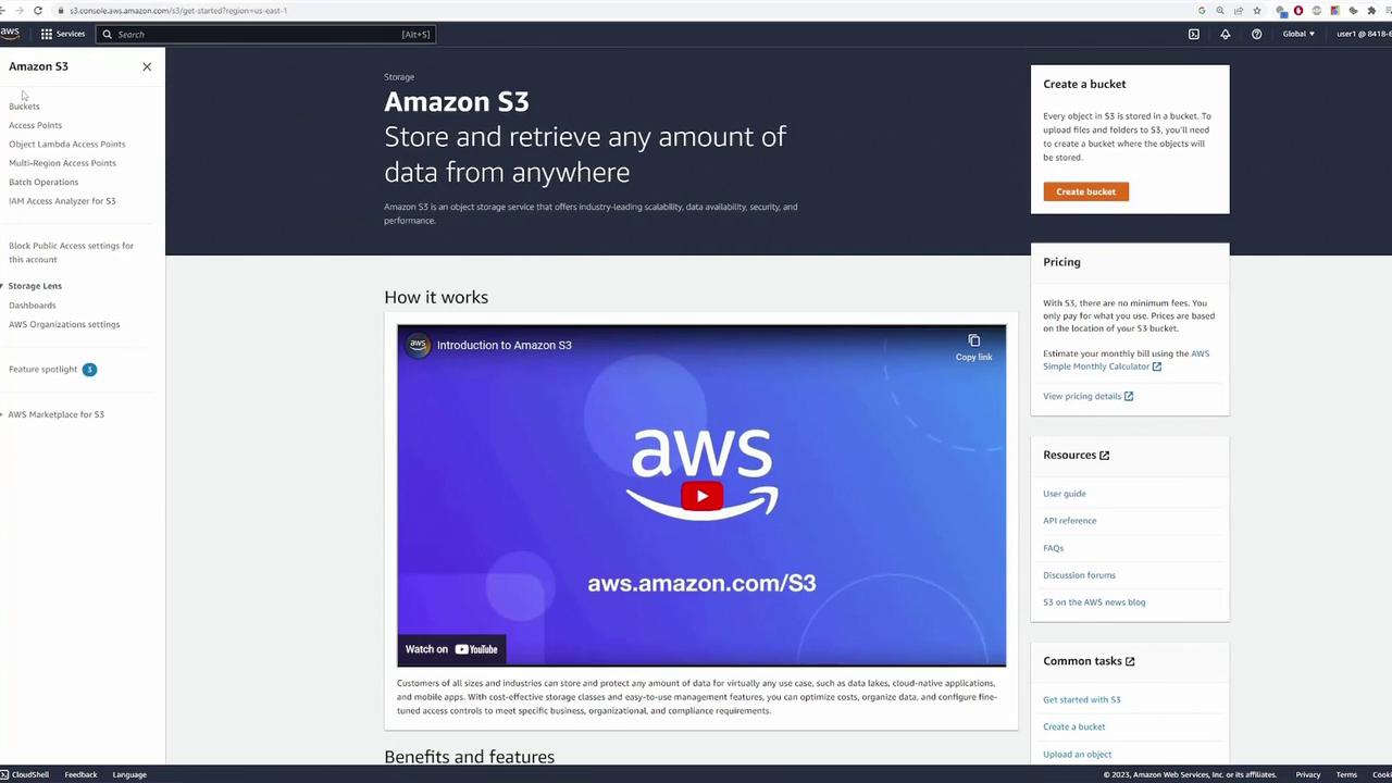 The image shows the Amazon S3 console interface, featuring options for creating a bucket, pricing information, and a video introduction to Amazon S3.