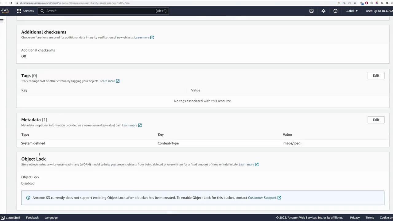 The image shows an Amazon S3 console interface displaying details about an object, including sections for additional checksums, tags, metadata, and object lock settings. The object lock is currently disabled.