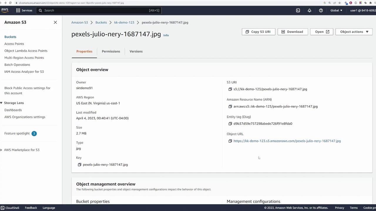 The image shows an Amazon S3 console interface displaying details of an object named "pexels-julio-nery-1687147.jpg," including its size, type, and S3 URI.