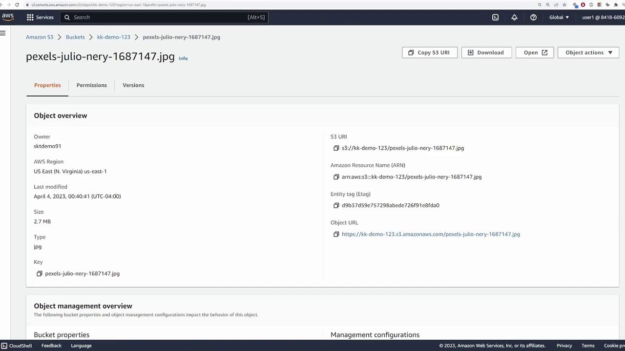 The image shows an Amazon S3 console interface displaying details of an object named "pexels-julio-nery-1687147.jpg," including its properties, S3 URI, and object URL.