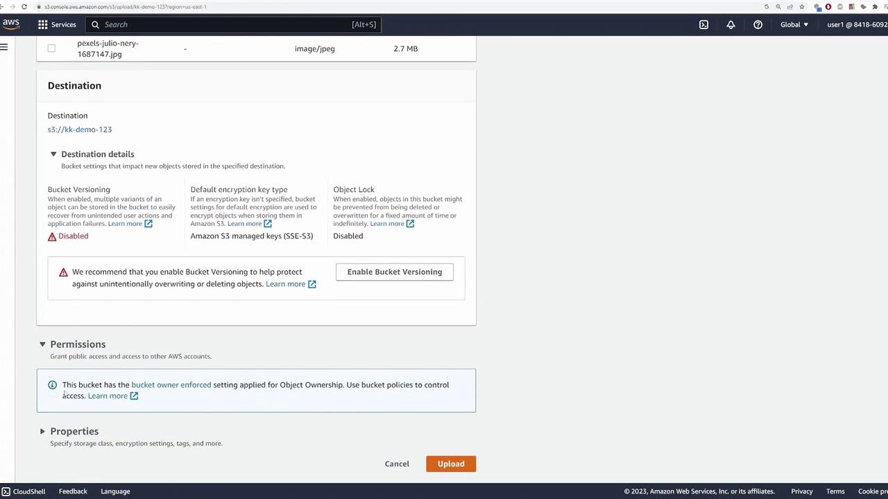 The image shows an Amazon S3 console interface for uploading a file, with options for destination details, permissions, and properties. Bucket versioning and object lock are disabled, and there's a recommendation to enable bucket versioning.