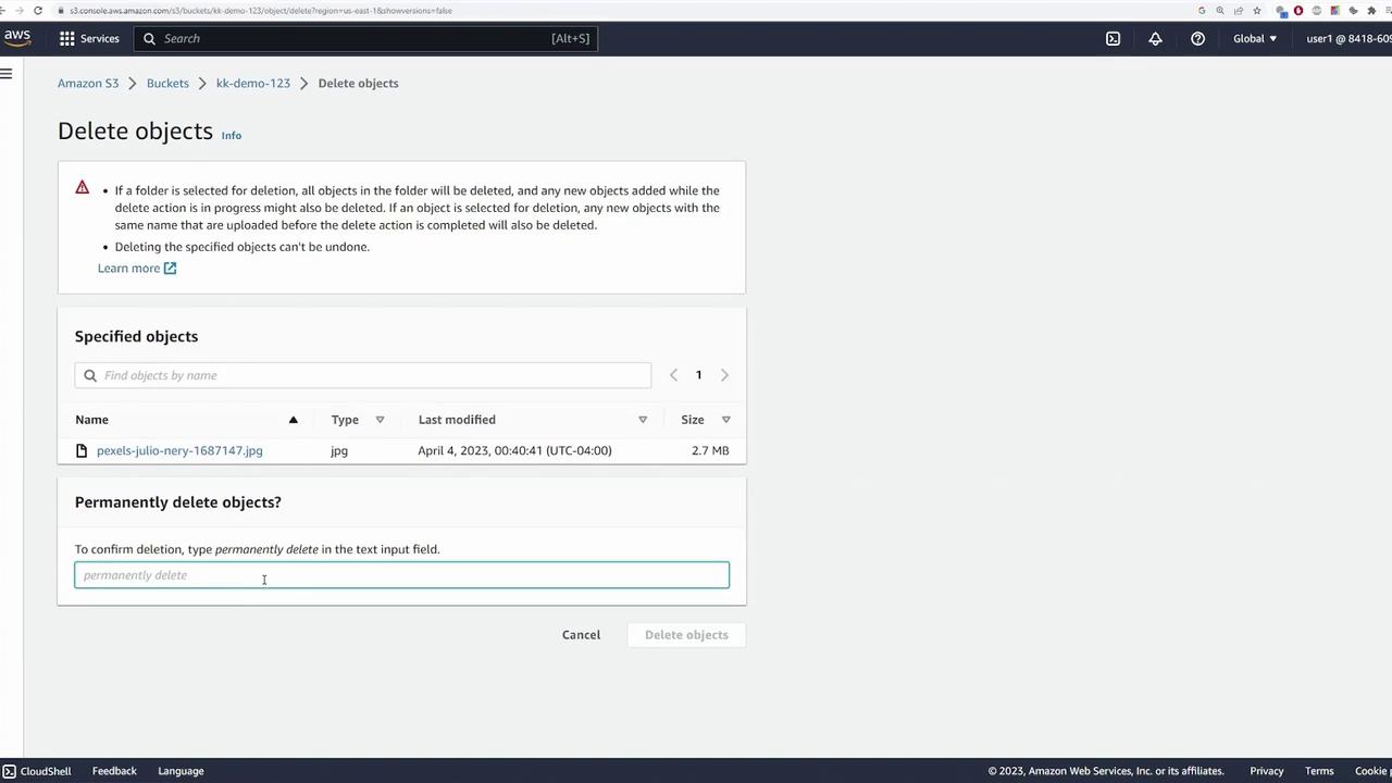 The image shows an Amazon S3 interface for deleting objects, with a file named "pexels-julio-nery-1687147.jpg" selected for deletion. The user is prompted to type "permanently delete" to confirm the action.