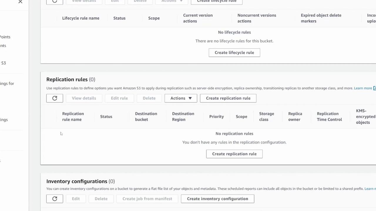 The image shows a section of the Amazon S3 management console, displaying options for creating lifecycle rules, replication rules, and inventory configurations, with no existing rules or configurations set up.