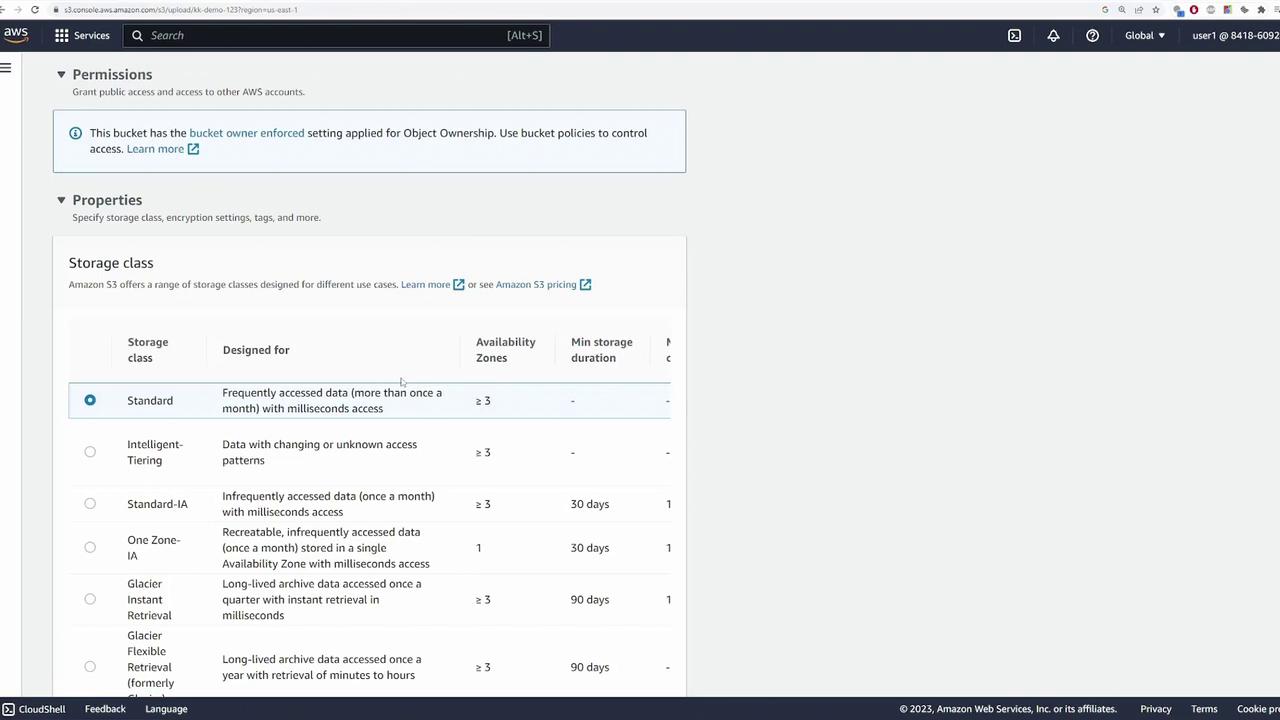 The image shows an Amazon S3 console screen displaying storage class options, including Standard, Intelligent-Tiering, and Glacier, with details on availability zones and storage duration.