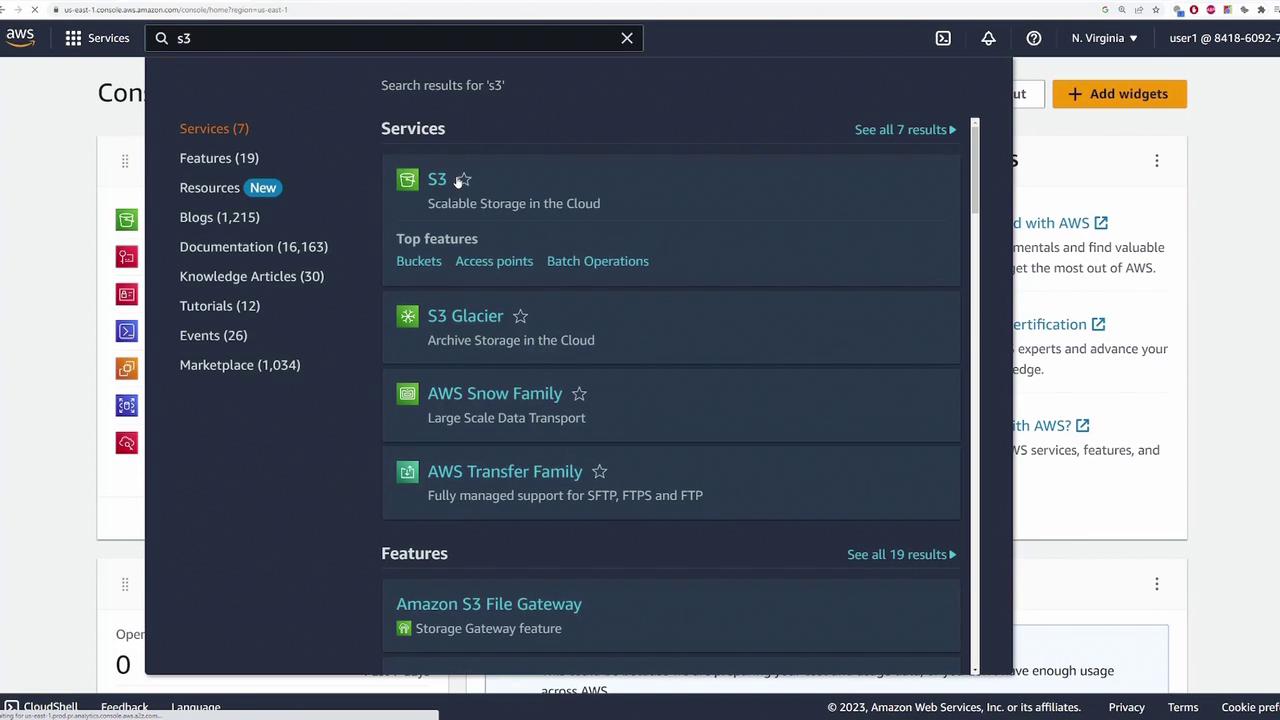 The image shows an AWS console interface with a search for "S3," displaying related services like S3, S3 Glacier, AWS Snow Family, and AWS Transfer Family. The sidebar lists categories such as Services, Features, and Documentation.