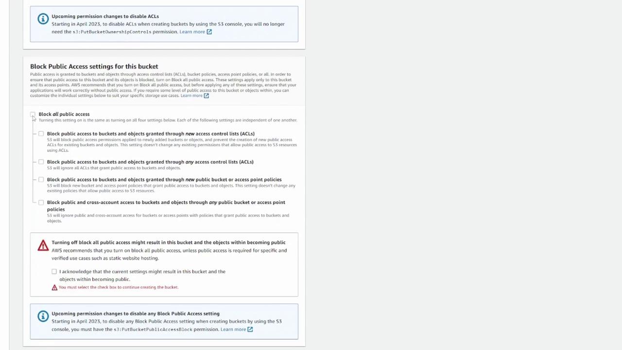 The image shows a settings page for configuring public access permissions for an AWS S3 bucket, including options to block all public access and specific access control list settings. It also includes warnings about the implications of turning off these settings.