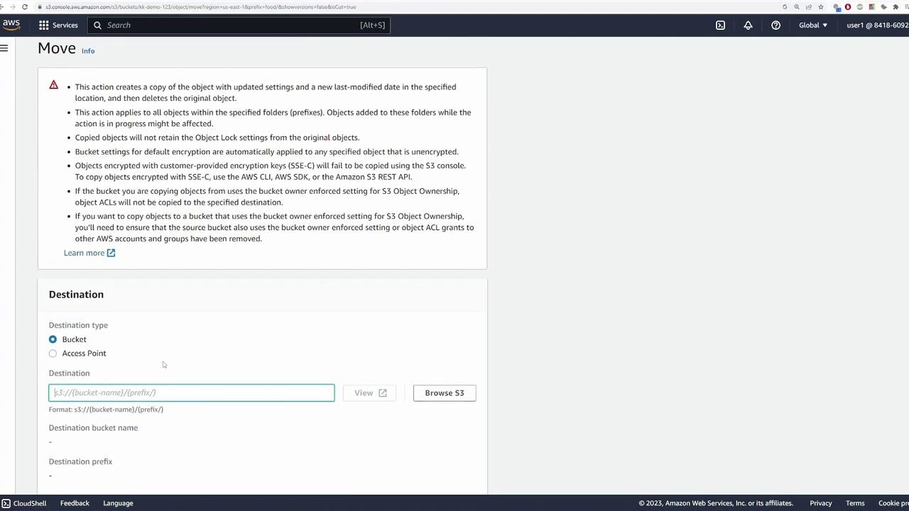 The image shows an AWS S3 console interface for moving objects, with options for selecting a destination bucket or access point. It includes a warning about object settings and encryption.